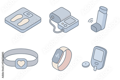 Remote Monitoring Icons. Isometric vector illustration set of remote patient monitoring icons: connected scale, blood pressure