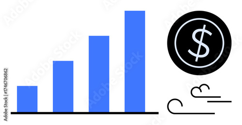 Blue bar graph with rising trend, black dollar icon, and minimalist wind-thumbs up lines. Ideal for finance, business growth, success, investment, profitability analytics economy. Simple flat