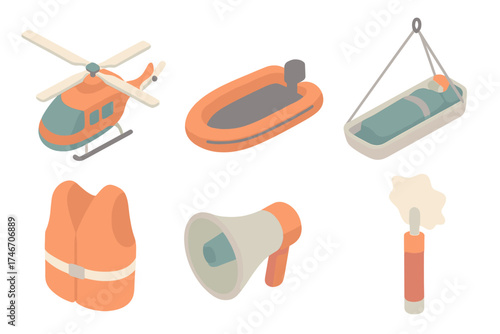 Rescue Equipment Icons. Isometric vector illustration set of rescue and evacuation: emergency helicopter, rescue boat, stretcher