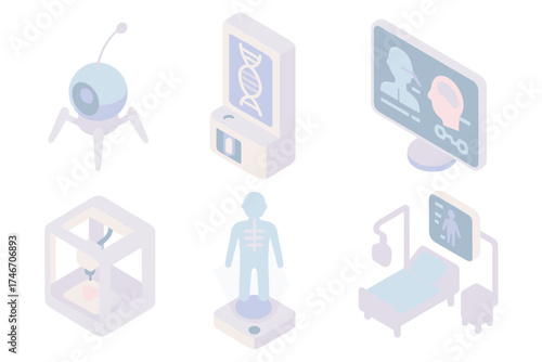 Futuristic Medical Tech. Isometric vector illustration set of futuristic medical technology: nanobot, genetic sequencer, AI