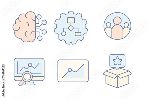 AI Marketing Icons. Isometric vector illustration set of AI-driven marketing automation icons: machine learning brain, automation