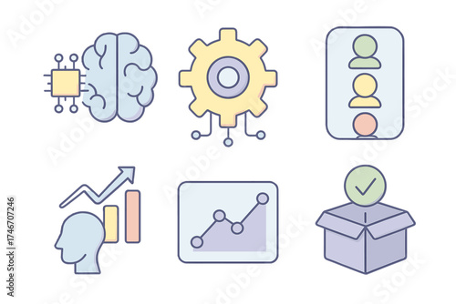 AI Marketing Icons. Isometric vector illustration set of AI-driven marketing automation icons: machine learning brain, automation