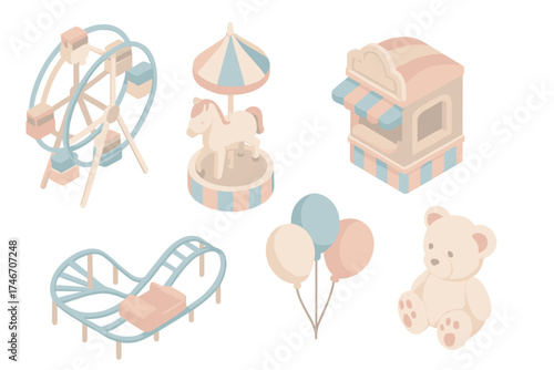 Carnival Fairground Icons. Isometric vector illustration set of carnival fairground icons: ferris wheel, carousel horse, ticket