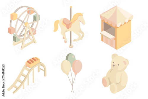 Carnival Fairground Icons. Isometric vector illustration set of carnival fairground icons: ferris wheel, carousel horse, ticket