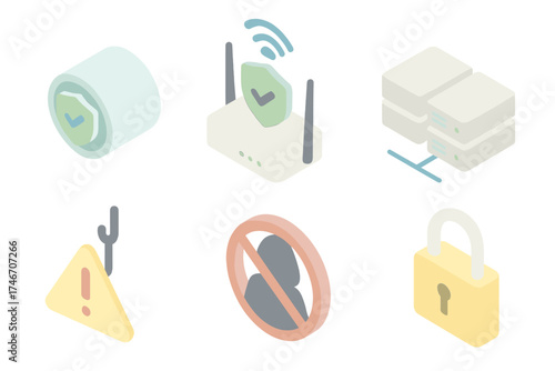Network Security Icons. Isometric vector illustration set of network protection icons: VPN tunnel, secure Wi-Fi router, connected