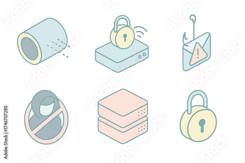 Network Security Icons. Isometric vector illustration set of network protection icons: VPN tunnel, secure Wi-Fi router, connected