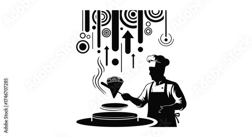Chef expertly preparing food with abstract upward motion graphics symbolizing culinary creativity
