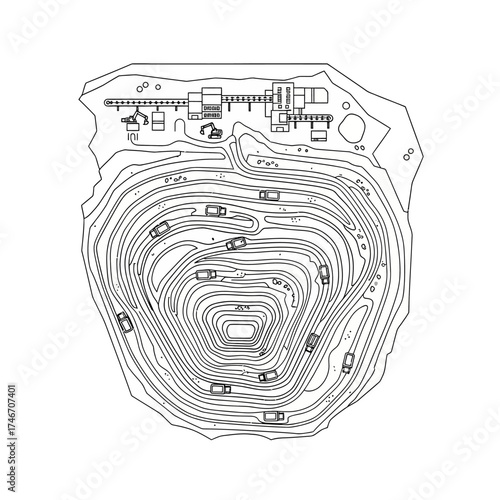 Aerial View of Open-Pit Mine with Trucks and Processing Plant.