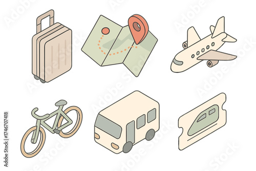 Travel Icons Set. Isometric vector illustration set of travel and mobility icons: suitcase, map with route, airplane, bicycle, bus
