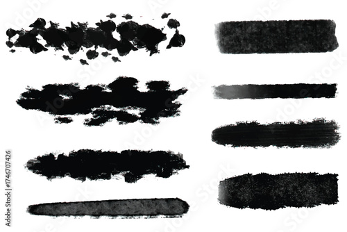 Set of black grunge brush strokes vector illustration of paint smear textures isolated on white background for design elements