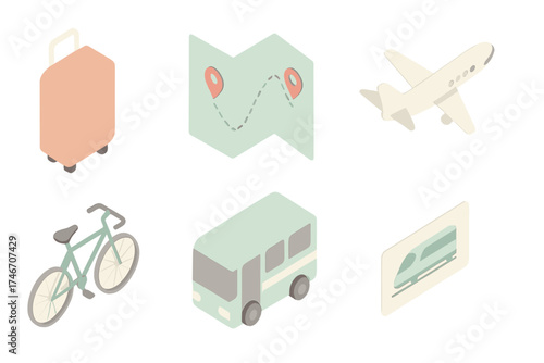 Travel Icons Set. Isometric vector illustration set of travel and mobility icons: suitcase, map with route, airplane, bicycle, bus