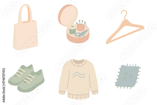 Eco Lifestyle Icons. Isometric vector illustration set of clothing and lifestyle icons: fabric tote bag, sewing kit, thrift shop