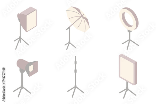 Studio Lighting Icons. Isometric vector illustration set of studio lighting icons: softbox, umbrella reflector, ring light, light