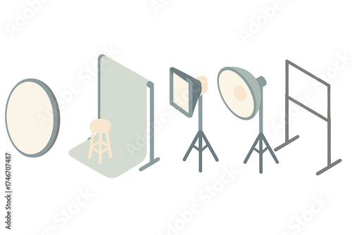 Photography Gear Icons. Isometric vector illustration set of portrait photography gear icons: reflector disc, backdrop stand,