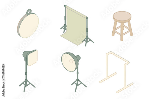 Photography Gear Icons. Isometric vector illustration set of portrait photography gear icons: reflector disc, backdrop stand,