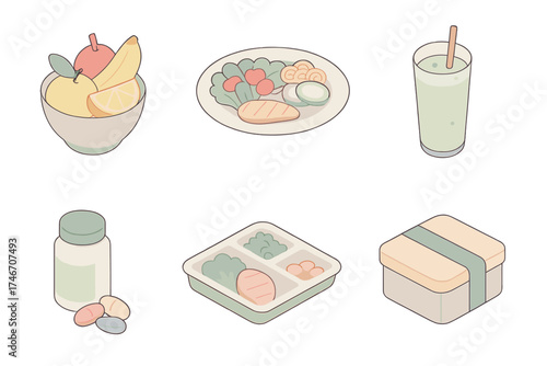 Nutrition and Wellness Icons. Isometric vector illustration set of nutrition and wellness icons: fruit bowl, salad plate, smoothie