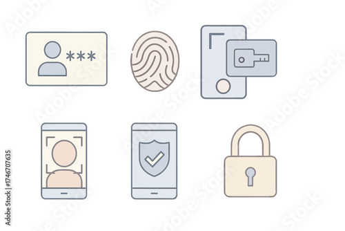 Access Control Icons. Isometric vector illustration set of access control icons: login password screen, biometric fingerprint, key