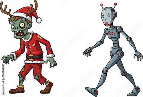 Christmas zombie cartoon, festive horror character, Santa hat monster, futuristic robot walking, candy cane weapon, quirky holiday humor, fantasy sci‑fi art, Christmas zombie