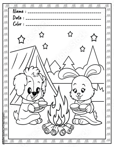 Fluffy Friends Coloring Page & Book for Adults and Kid. High resolution (300 DPI), Ready to print on standard 8.5x11-(A4) inch paper With (No Bleed), Black and White. Vector illustration
