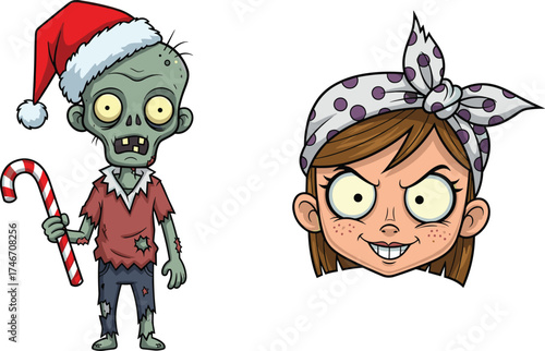 Christmas zombie cartoon, festive horror character, Santa hat monster, mischievous girl headscarf, candy cane weapon, quirky holiday humor, spooky fantasy art, Christmas zombie