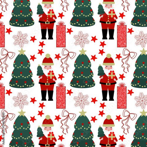 Pattern natalizio con Babbo Natale, albero, regalo, stelle