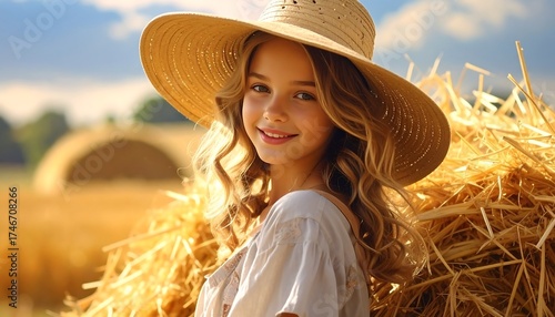 A smiling young person in a straw hat poses next to a large bale of hay under a sunny sky