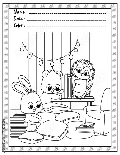 Fluffy Friends Coloring Page & Book for Adults and Kid. High resolution (300 DPI), Ready to print on standard 8.5x11-(A4) inch paper With (No Bleed), Black and White. Vector illustration