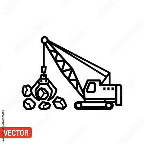 Crawler crane with grapple claw lifting rocks line art icon.