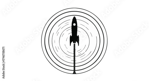 Silhouette of a rocket launching upwards with concentric rings indicating speed and motion.