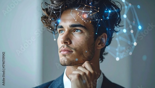 A thoughtful young person with curly hair and a suit jacket gazes upward, overlaid with a glowing digital network representing thoughts