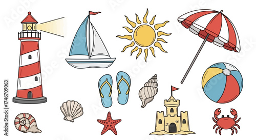 A charming hand-drawn style vector illustration showcasing coastal summer elements, white background
