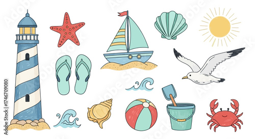 A charming hand-drawn style vector illustration showcasing coastal summer elements, white background