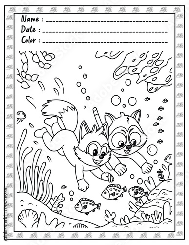 Fluffy Friends Coloring Page & Book for Adults and Kid. High resolution (300 DPI), Ready to print on standard 8.5x11-(A4) inch paper With (No Bleed), Black and White. Vector illustration