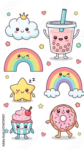 Charming kawaii style characters for kids crafts and stickers, perfect for party invitations and decorations