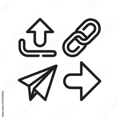 Black outline icons for upload paper airplane link and right arrow vector