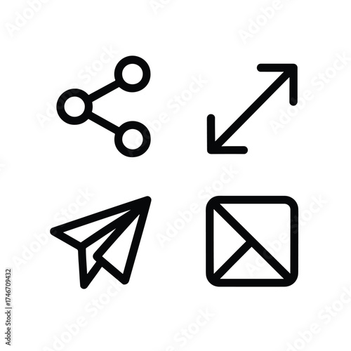 Black outline icons for share expand paper airplane and email on white background symbol communication