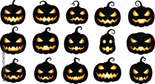 Collection of spooky halloween pumpkins with glowing faces isolated on white background.eps