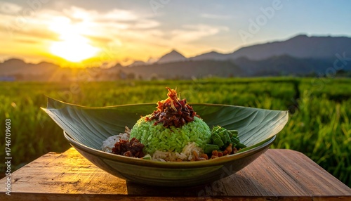 A vibrant, colorful outdoor shot of a beautifully arranged, gourmet dish. The food sits on a leaf-shaped plate. Backdrop includes fields, mountains, and a setting sun