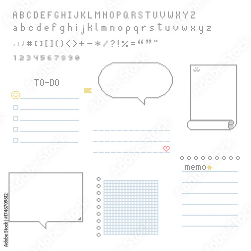 collection set of retro game 8bit pixel art text box speech bubble balloon with alphabet, flat design vector illustration