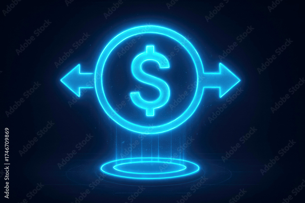 Fototapeta premium Neon blue dollar coin icon with arrows for exchange on a dark background money currency