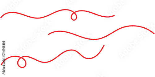 Red isolated vector thread icons on white background. Modern isolated curved thread on red colour. Three different shapes thread on white page. 