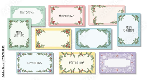 Set of Christmas and holiday greeting cards with decorative borders and pastel backgrounds, white background