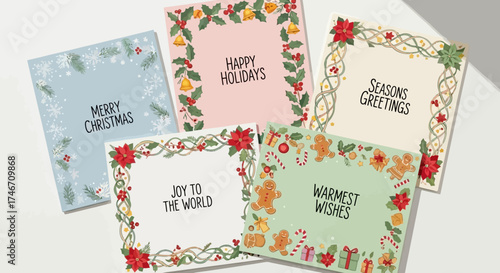 Set of Christmas and holiday greeting cards with decorative borders and pastel backgrounds, white background