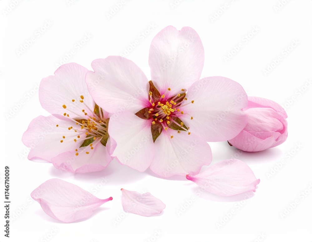Obraz premium Close-up of delicate pink almond blossoms and fallen petals isolated on white backgro