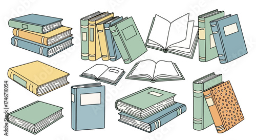 Set of vector illustrations of books in various positions in doodle style, white background