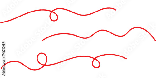 Red isolated vector thread icons on white background. Modern isolated curved thread on red colour. Three different shapes thread on white page. 
