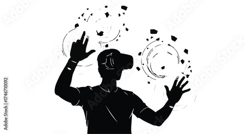 Person immersed in virtual reality, exploring digital worlds with outstretched hands.