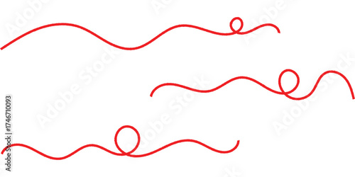 Red isolated vector thread icons on white background. Modern isolated curved thread on red colour. Three different shapes thread on white page. 