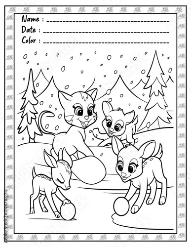 Fluffy Friends Coloring Page & Book for Adults and Kid. High resolution (300 DPI), Ready to print on standard 8.5x11-(A4) inch paper With (No Bleed), Black and White. Vector illustration