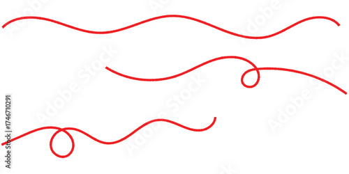 Red isolated vector thread icons on white background. Modern isolated curved thread on red colour. Three different shapes thread on white page. EPS 10. 